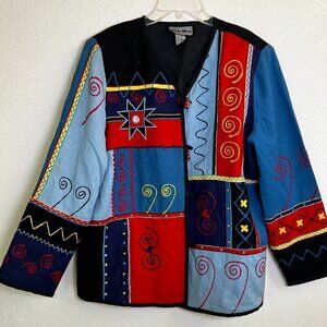 Indigo Moon Embroidered art to wear Patchwork‎ Jacket Colorful Size M - READ